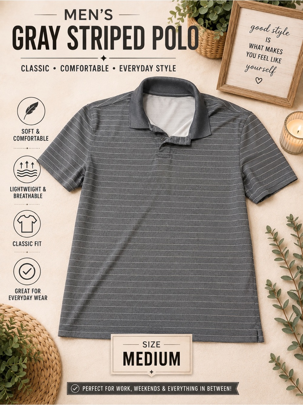 Gray Striped Polo Shirt - Men's Medium